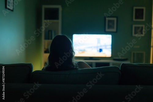 woman watch tv on safe in the dark. Binge watching and mental dissociation