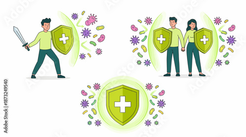 Immunity illustrations featuring people defended by shields protecting them from colorful viruses and bacteria, concept for health protection, vaccination campaigns and medical awareness graphics
