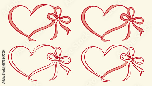 Doodle hand drawn coquette ribbon frames with hearts, wavy lines, and bows. Trendy vintage whimsical borders for Valentine's day, wedding invitations, birthday card, prints, menu. Vector illustration