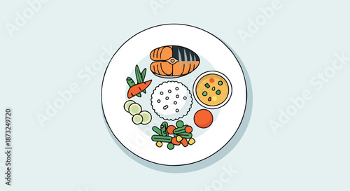 Top View Illustration of a Wholesome and Balanced Meal Featuring Grilled Salmon, Rice, Vegetables, and Soup