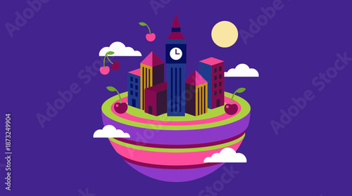 Colorful flat illustration of a fantasy city with a clock tower and buildings on a vibrant floating globe, deep purple background, concept for travel marketing, app development and web design projects