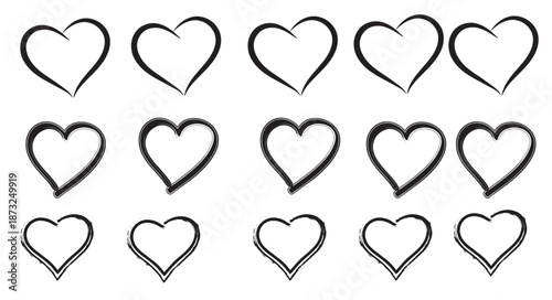 A simple collection of outlined hearts in varying sizes arranged on a plain white background showcasing affection and love