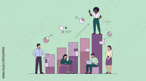 Business professionals analyze growth data on a rising bar chart, featuring an executive officer leading the discussion, concept for business strategy, financial reports and corporate goals