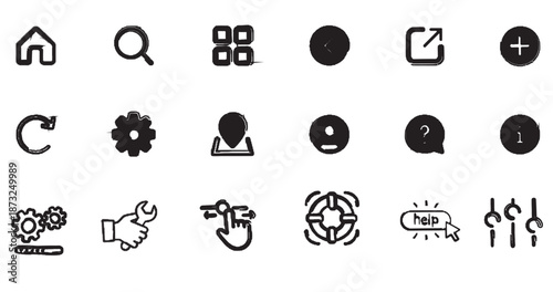 A collection of various black and white outlined icons depicting common user interface elements and symbols for digital applications