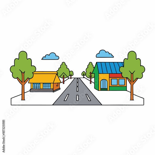 A lively city main street framed by nature, with trees lining sidewalks, sunlight glinting off buildings, and a serene blend of urban life and green beauty.
