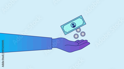 Stylized vector of a hand receiving a blue banknote and falling coins against a light background, concept for salary payment, investment growth and financial technology solutions