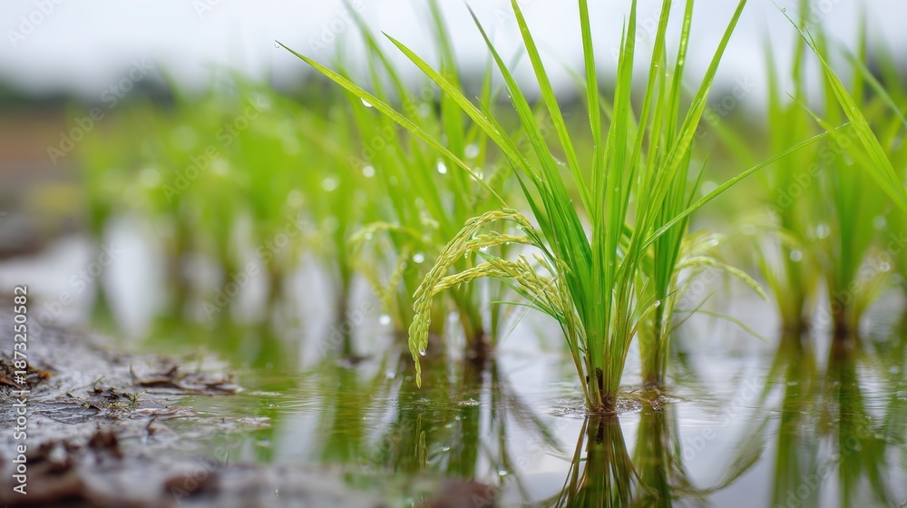 Fototapeta premium Close-Up of Emerging Rice Plants Thriving in Water with Detailed Green Foliage and Glimmering Dewdrops