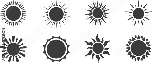 Sun icon set with minimalist circular shapes and radiant rays. Clean black silhouettes show different solar styles for UI, logos, weather graphics, and infographics. Simple vector symbols ideal 