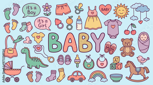 Cute colorful doodle collection of baby accessories, clothes, toys and footprints set against a light blue background, concept for maternity announcements, nursery decor and children's packaging