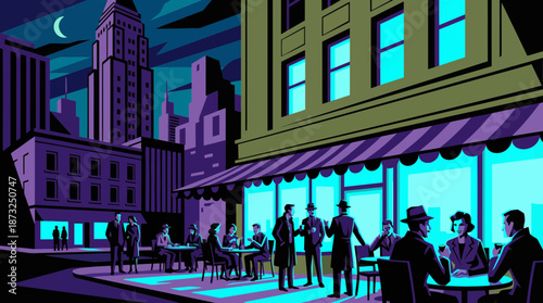 Art Deco vector of business people socializing at a city cafe terrace at night, concept for corporate networking, retro design projects and urban nightlife advertising