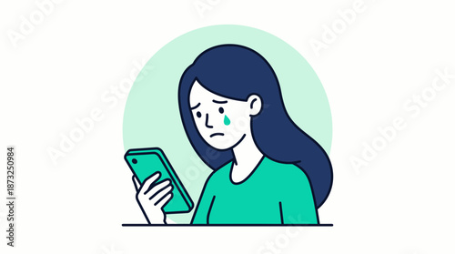 Minimalist illustration of sad woman crying while reading bad news on a smartphone, concept for emotional abuse awareness, digital detox efforts and online harassment prevention