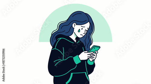 Minimalist vector illustration of a sad woman with blue hair crying while looking at her smartphone, concept for mental health campaign, cyberbullying awareness and social media addiction