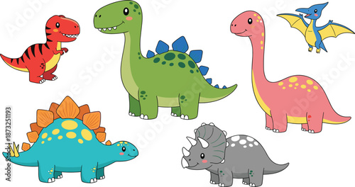 Colorful cartoon dinosaurs set for kids, featuring T-Rex, Stegosaurus, Triceratops, Brachiosaurus, Pteranodon in playful prehistoric vector style