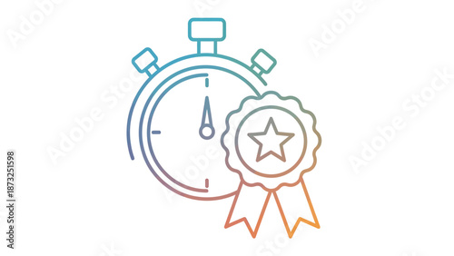 A stopwatch with a rosette and star emblem attached, symbolizing achievement and time management, depicted in a minimalist illustration style.