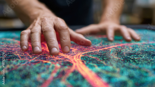 Digital literacy intelligence science imagination future glowing neural pattern under exploring hand touch