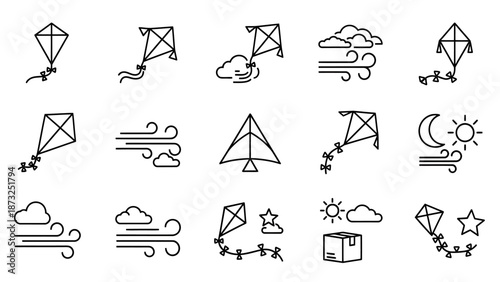 Collection of simple kite flying illustrations in various weather conditions and environments