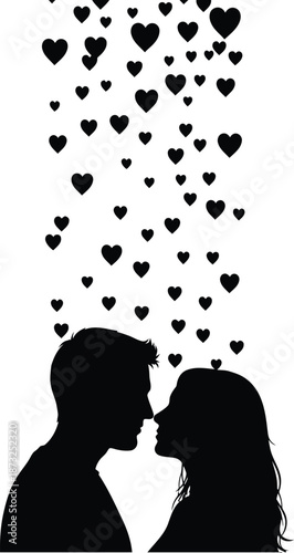 A romantic couple shares a tender kiss with hearts floating above them.