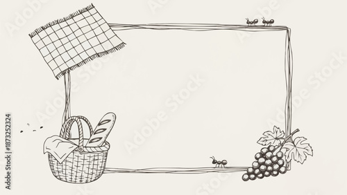 Hand Drawn Picnic Frame with Grapes and Bread.