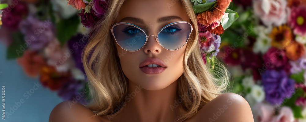 Fototapeta premium beautiful flower power woman with sunglasses, flower power woman wearing cool sunglasses, stylish boho woman with floral vibes