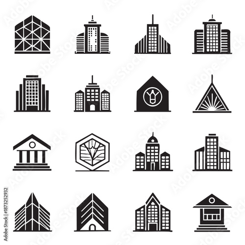 Collection of Black and White Building Icons Keywords: building, architecture, city, skyscraper