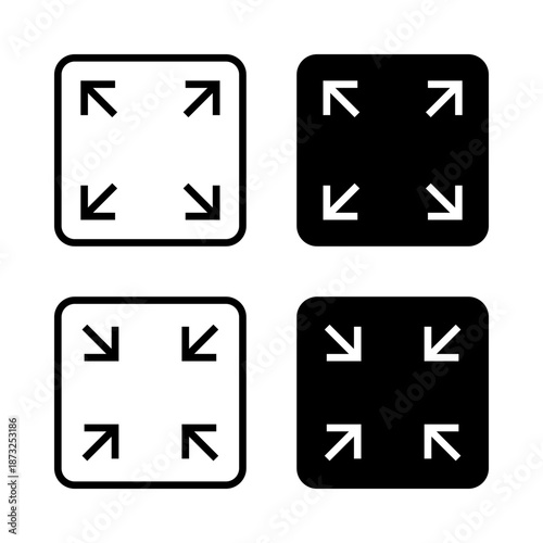 Full Screen icon set. A set of simple outline square icons featuring expanding arrows pointing outwards from the center. Symbolizing full screen, resize, or enlarge functionality.