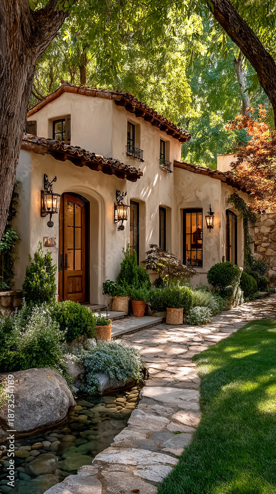 Fototapeta premium Serene House Exterior View at High Angle from Eaves Surrounded by Lush Greenery and Stone Pathway Captured with Ultra Wide Camera