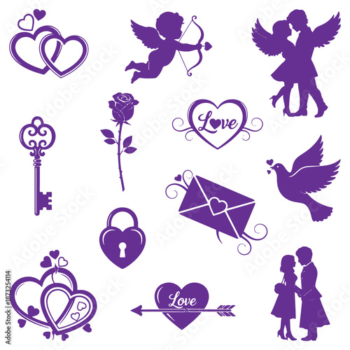 Collection of purple lovethemed icons featuring hearts roses doves and kissing couples isolated on a transparent background
