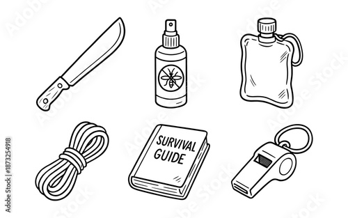Essential survival gear collection including a knife, repellent, water pouch, rope, guide, and whistle