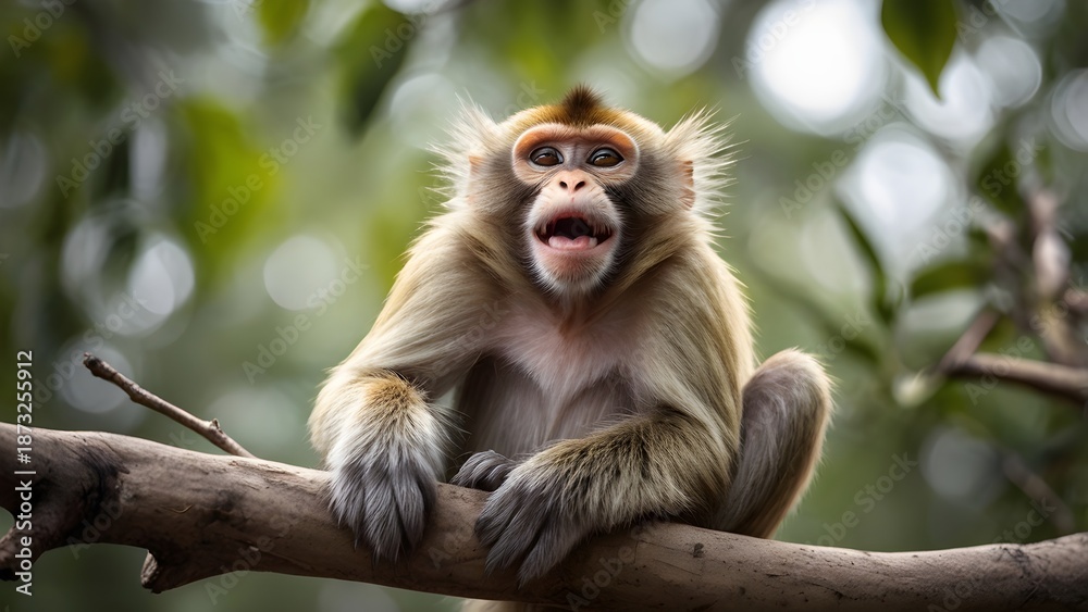 Obraz premium A baby macaque sits on a tree branch with its mother in a green tropical forest in Asia