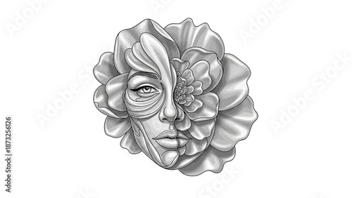Surreal Black and White Illustration of a Woman's Face Merging with a Blooming Flower.
