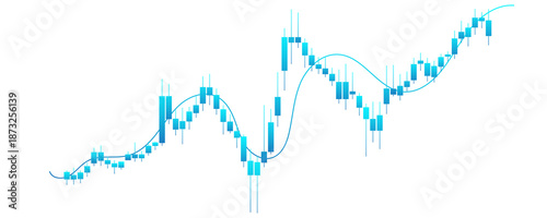 Cyan Blue Candlestick Trading Chart Displaying Market Recovery And Rising Bullish Trend With Smooth Moving Average Graph Isolated on Transparent Background