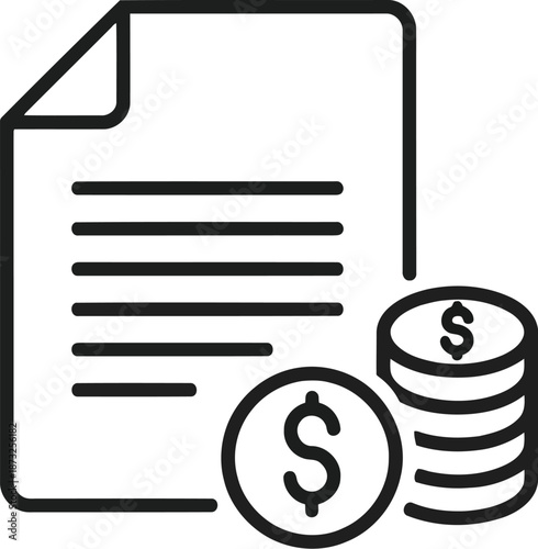 Financial document icon with stacks of dollar coins representing business invoice payment and accounting expense management