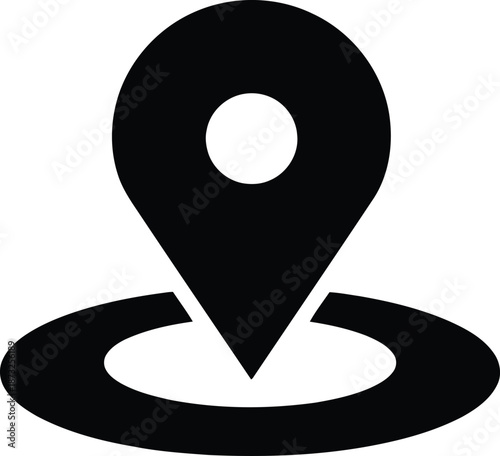 Black map pin with a white circle in center, indicating a specific location on a plain white background
