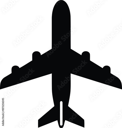 Airplane silhouette icon representing air travel and international transportation for aviation industry and tourism symbol