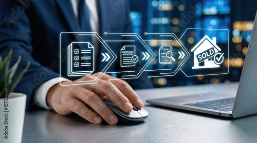 Property Transaction Digitized: A professional's hand interacts with a computer mouse, managing the digital journey of a property transaction with a blend of technological ease.