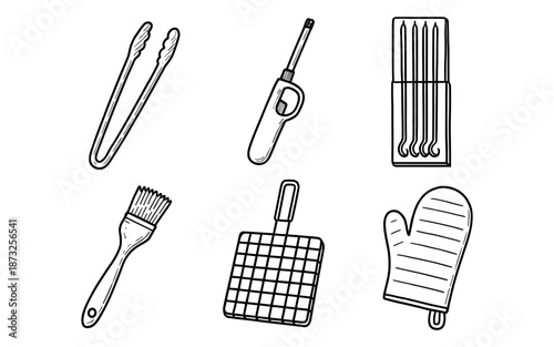 Hand-drawn barbecue grill tools collection, simple line art illustration