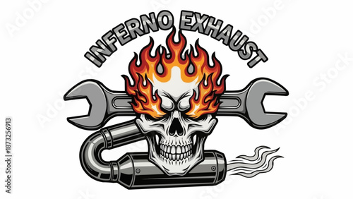 Inferno Exhaust Skull Logo with Wrenches and Flames.