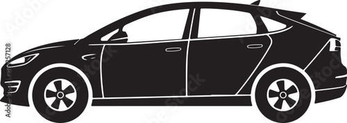 Black Silhouette of a Modern Electric Sedan Car with Wheels and Windows on White Background Keywords: car, automobile, vehicle, electric, sedan, modern, silhouette, black, white, isolated