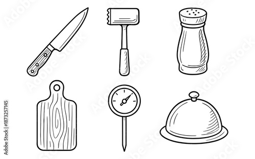 Collection of hand-drawn kitchen utensils and cooking tools in a simple line art style