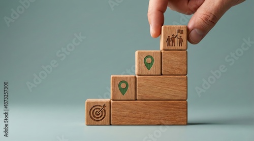 Building the Path to Success: A hand strategically places the final block atop a wooden staircase, symbolizing progress, teamwork, and the achievement of goals.