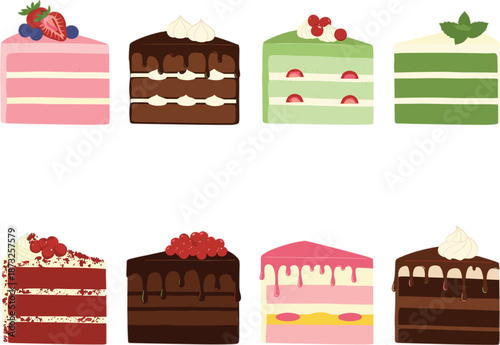 Delicious gourmet cake slices vector set with chocolate strawberry matcha and red velvet flavors for bakery menu and cafe.