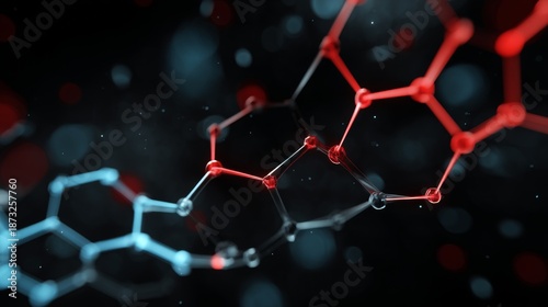 Abstract representation of molecular structure with vibrant red and black colors showcasing connectivity in a scientific concept of chemistry and biology