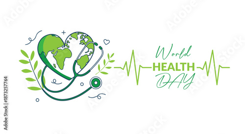 World health day concept with stethoscope wrapping a heart shaped globe and heartbeat line