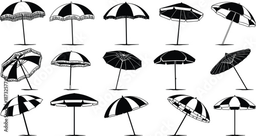 Beach umbrella silhouette collection, black sunshade parasol vector illustration isolated on gray background design set