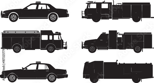 Collection of Black Silhouettes of Emergency Vehicles and Police Car on White Background Keywords: emergency vehicles, police car, fire truck, ambulance, rescue, vehicle, transportation