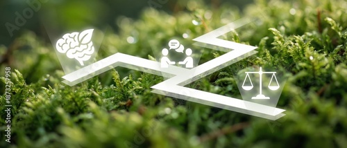Pathway to Balance: An abstract representation of mental, physical, and ethical harmony is visualized, tracing a delicate path through a natural mossy landscape, symbolizing holistic wellness.