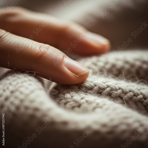 A gentle hand delicately touches the intricate, soft texture of a warm knitted fabric, evoking a sense of cozy comfort and luxurious material detail in an intimate close-up