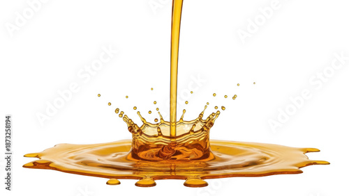 Golden liquid splashing into pool creating crown shape with stream pouring down
