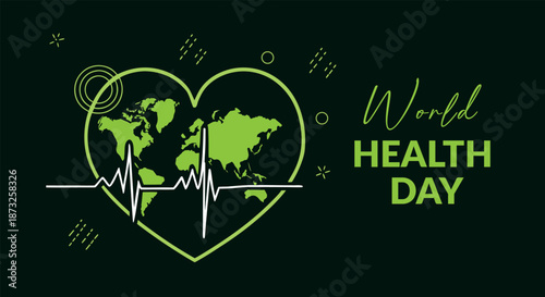 World health day banner with global map in a heart and an electrocardiogram