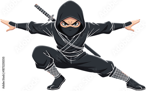 Cartoon ninja character in crouching pose with katana sword, black outfit, stealth action stance, martial arts vector illustration design